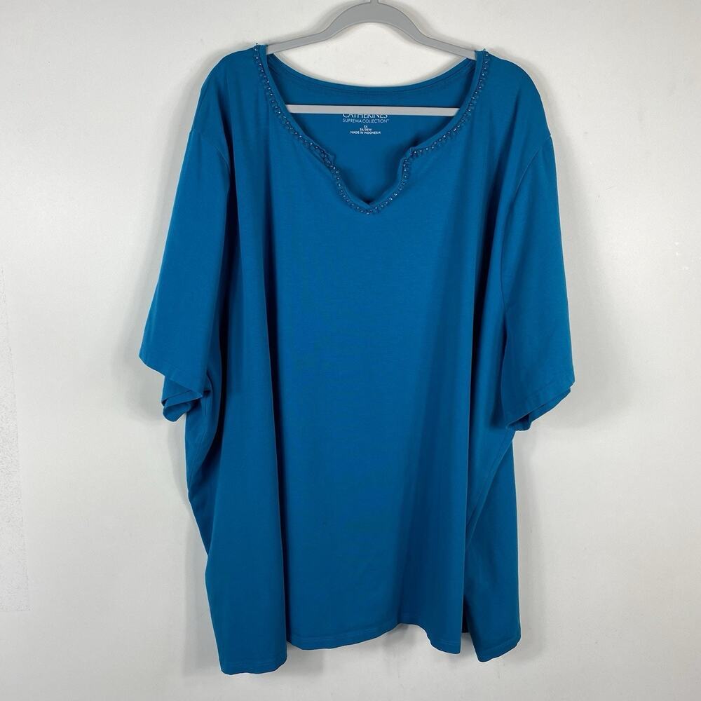 Catherines Size 5X 34 36 Suprema Collection Short Sleeve Notch Neck Top Blue